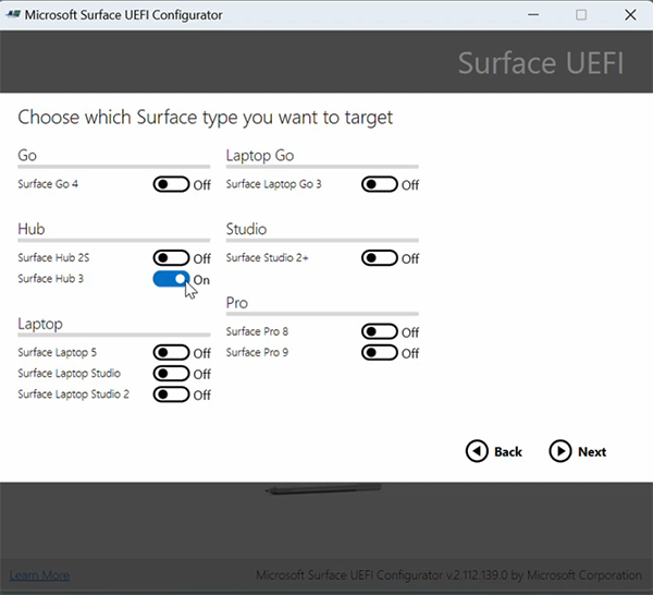 * Choose Surface Hub 2S or Surface Hub 3 as the target for the UEFI configuration package *.