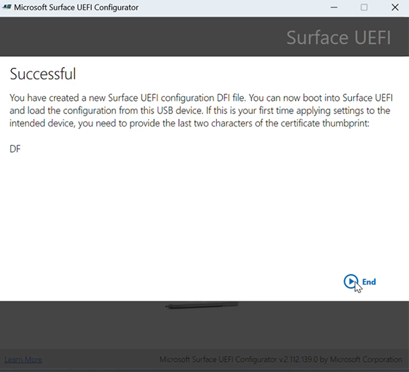 Screenshot showing UEFI Configurator completion