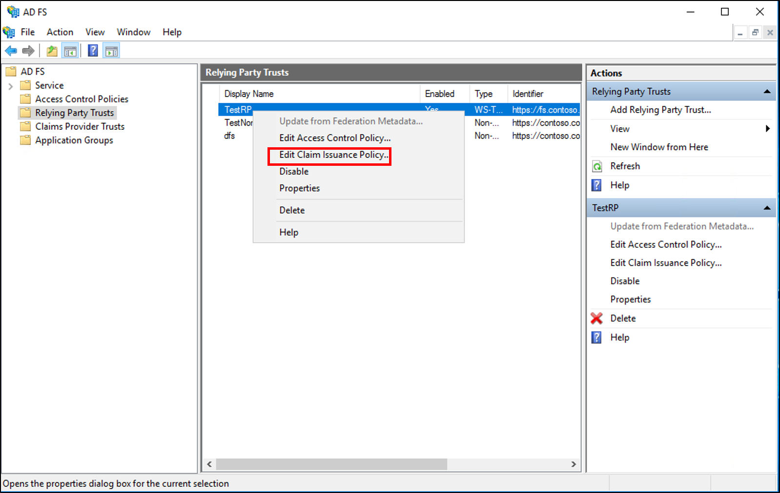 Screenshot that shows where to select Edit Claim Issuance Policy when you create a rule to transform an incoming claim on a Relying Party Trust in Windows Server 2016.
