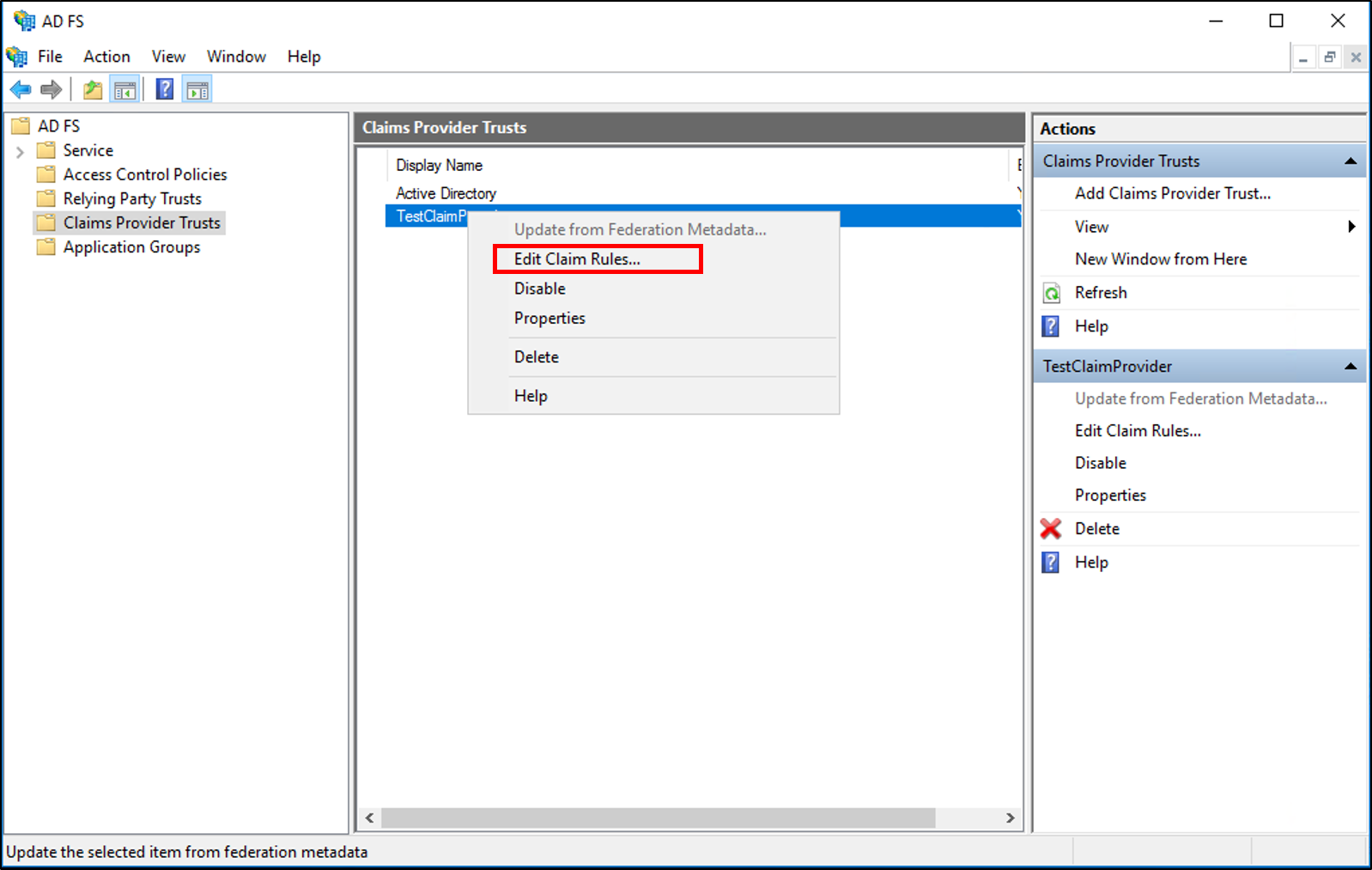 Screenshot that shows where to select Edit Claim Rules when you create a rule by using the Send Group Membership as Claims rule template in Windows Server 2016.