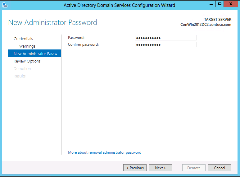 Screenshot of the new Administrator Password page of the Active Directory Domain Services Configuration Wizard.