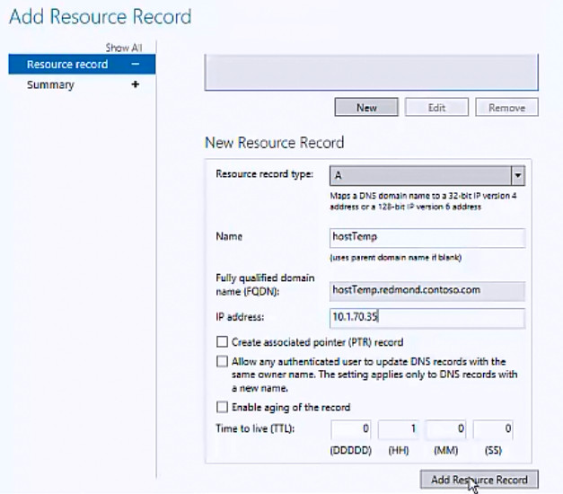Screenshot of the Resource record page of the Add Resource Record wizard showing the New Resource Record section.